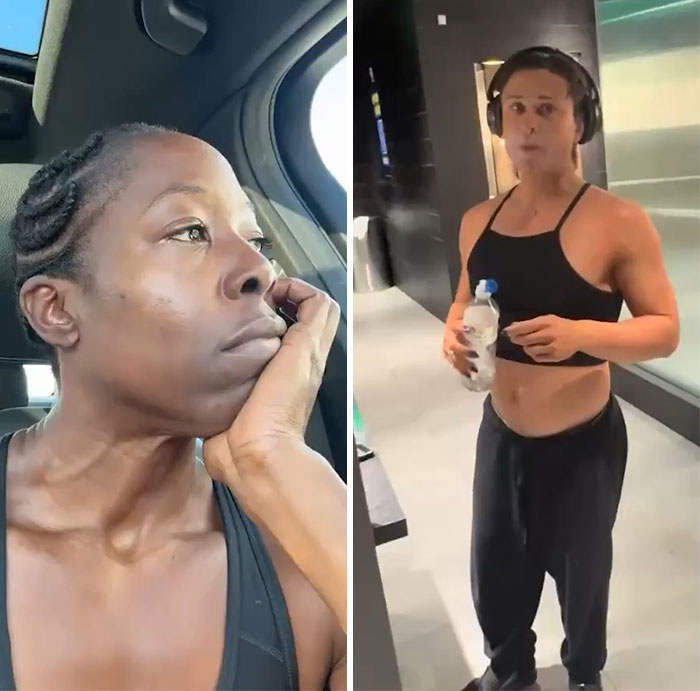 Two women at Gold's Gym, one sitting pensively in a car and the other standing with a water bottle, highlighting backlash and confrontation.