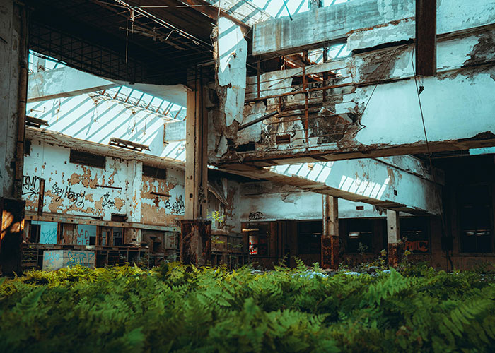 Abandoned urban interior with graffiti and overgrown plants in one of the worst cities worldwide you should never visit.