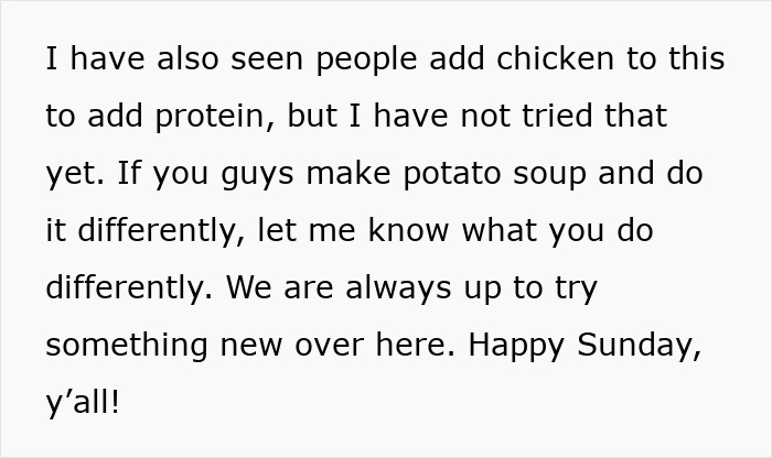 Text excerpt from a discussion about wild American food creations, including potato soup variations and adding protein. Text excerpt from a discussion about wild American food creations, including potato soup variations and adding protein.