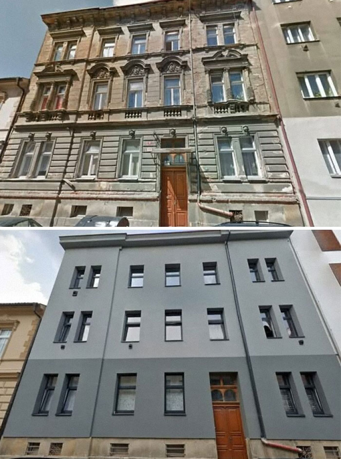 Old and renovated buildings side by side showing the contrast of ugly, unesthetic modern architecture in urban settings.