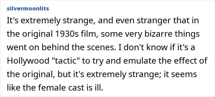 Screenshot of a comment discussing the extremely thin and worrying appearance of the female cast behind the scenes. Screenshot of a comment discussing the extremely thin and worrying appearance of the female cast behind the scenes.