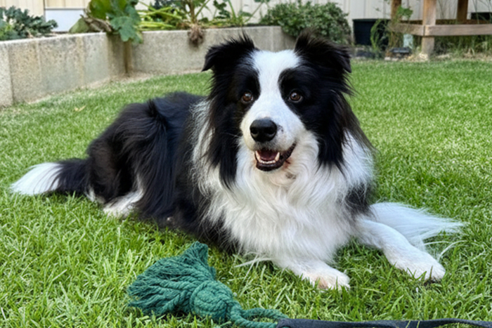 Border collie lying on grass with a green toy, representing one of the smartest animals ever studied according to science.