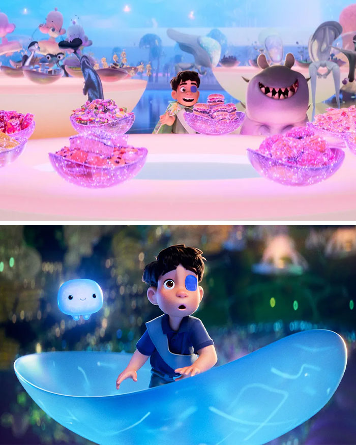 Animated scenes from a controversial Disney film featuring colorful creatures and a boy with an eye patch in a glowing blue setting.
