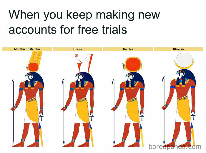 Ancient Egypt meme showing four gods representing making new accounts for free trials with humorous hieroglyphic art.