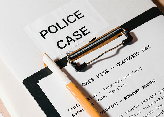 Police case file and documents on clipboard with pen, related to trainee police officer lifetime ban investigation. Police case file and documents on clipboard with pen, related to trainee police officer lifetime ban investigation.