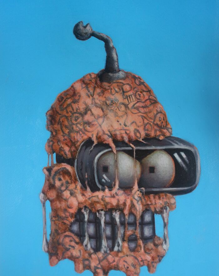 Creepy painting of a melting robot head with exposed eyes and skull-like teeth in a horror art style.