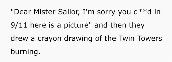 Text showing a kid&rsquo;s hilarious and savage letter to U.S. soldiers with a crayon drawing of the Twin Towers burning.
