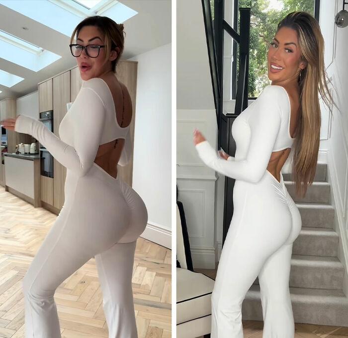 Two women posing indoors in white outfits highlighting curves, illustrating consequences of BBL in the quest for perfect shape.