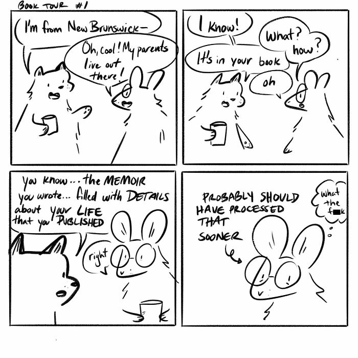 Black and white comic by Gabrielle Drolet showing animals in a humorous dialogue about memoir writing and life’s little moments.