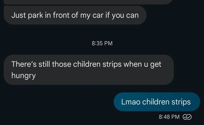 Text message exchange showing a hilarious autocorrect fail with the phrase children strips instead of chicken strips.