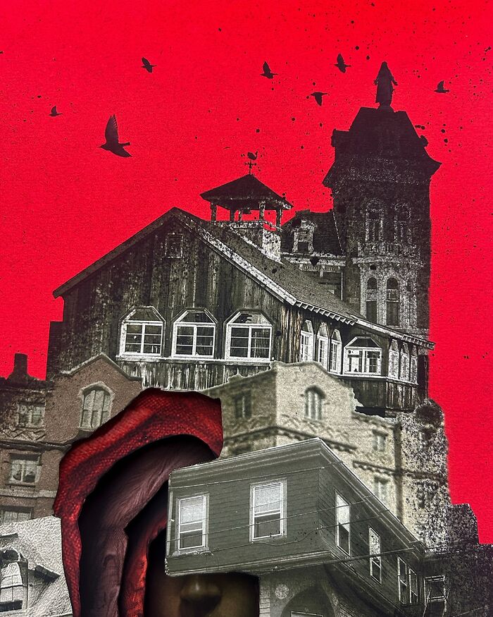 Intricate collage featuring layered buildings and a face with a red textured background and birds flying above.