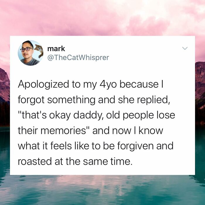 Tweet about parenting humor showing a child’s funny response proving no one has it together in family life.