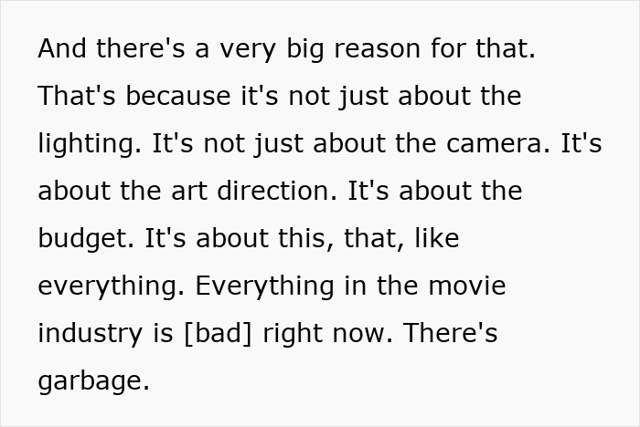 Text excerpt discussing why modern movies look ugly, focusing on art direction, budget, and millennial gray aesthetic.