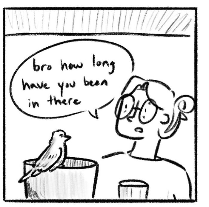 Woman in a simple comic style cooking at a stove, holding a spatula and saying wait in a funny and honest comic.