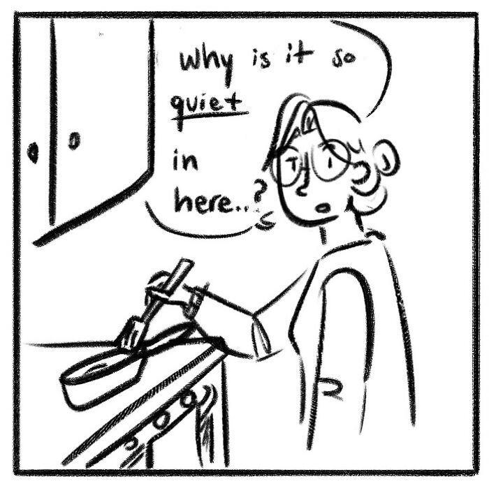 Woman in a simple comic style cooking at a stove, holding a spatula and saying wait in a funny and honest comic.