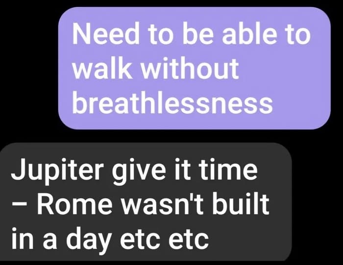 Text message exchange showing autocorrect errors with phrases about breathlessness and Rome not built in a day humor.