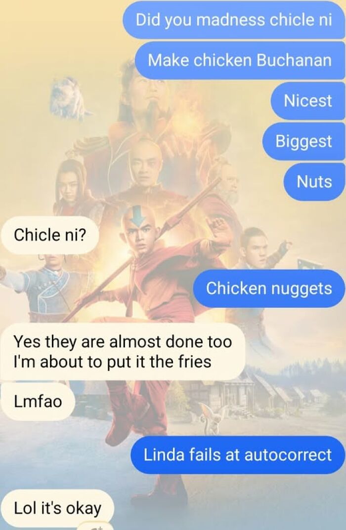 Text message conversation showing autocorrect errors with words like chicken nuggets and fries causing humorous confusion.