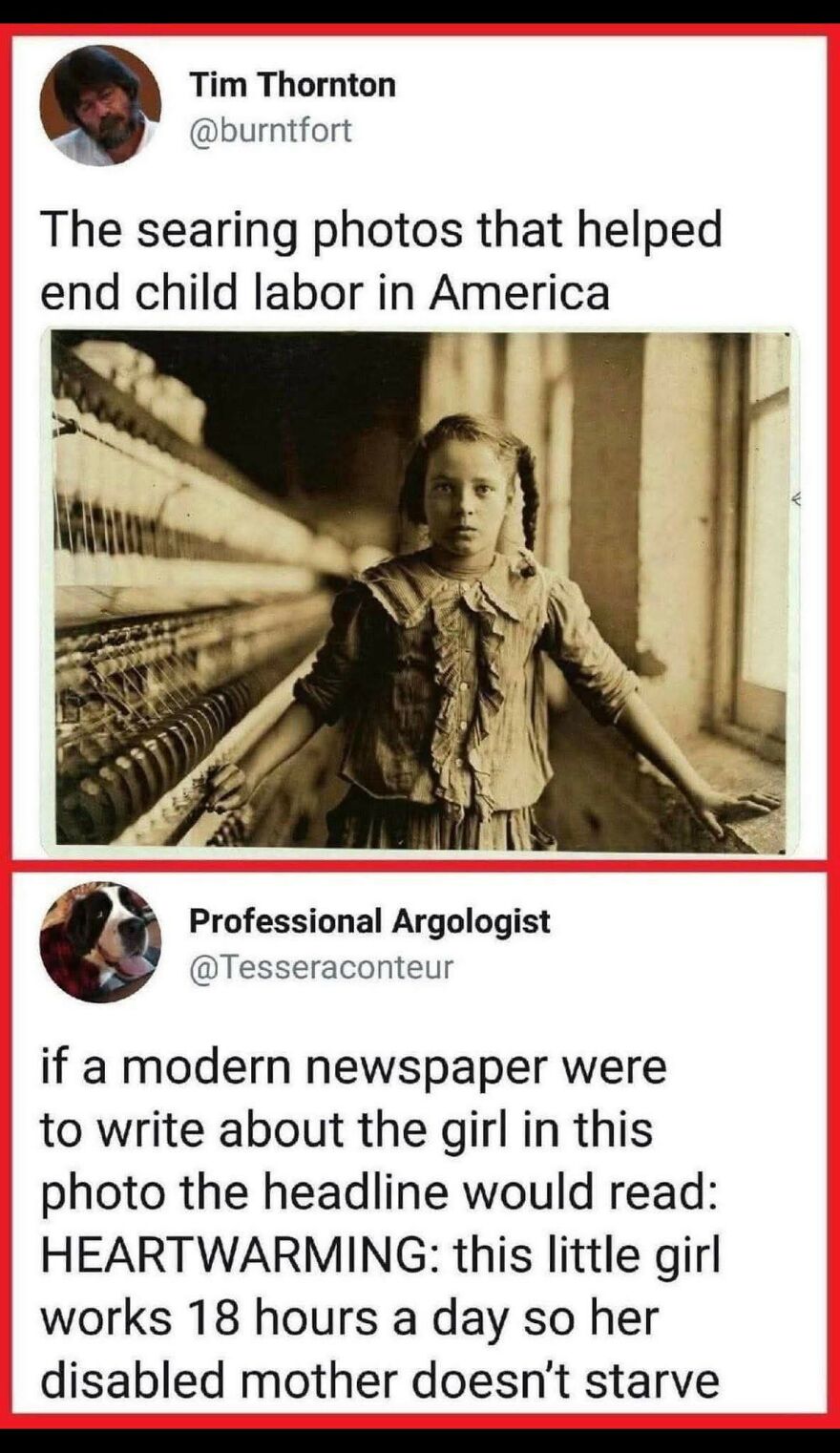 Black and white photo of a young girl in a factory highlighting the reality behind seemingly wholesome posts about child labor.