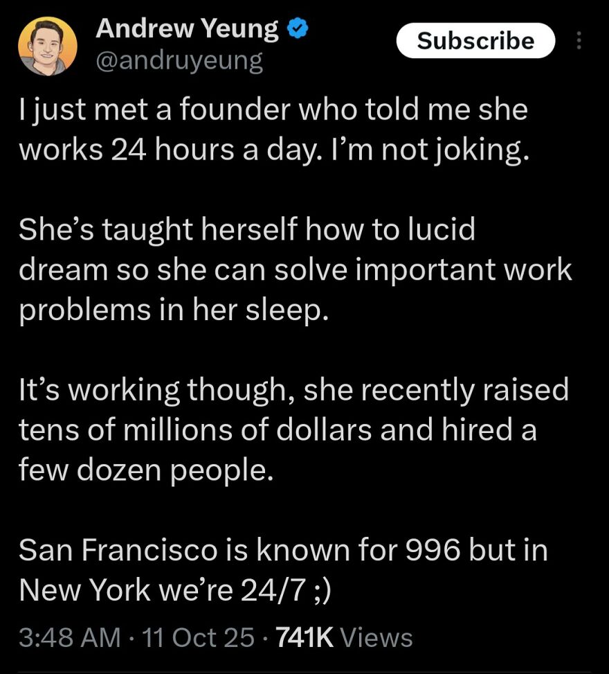 Tweet about a founder working 24 hours a day using lucid dreaming to solve work problems, seen as wholesome posts.