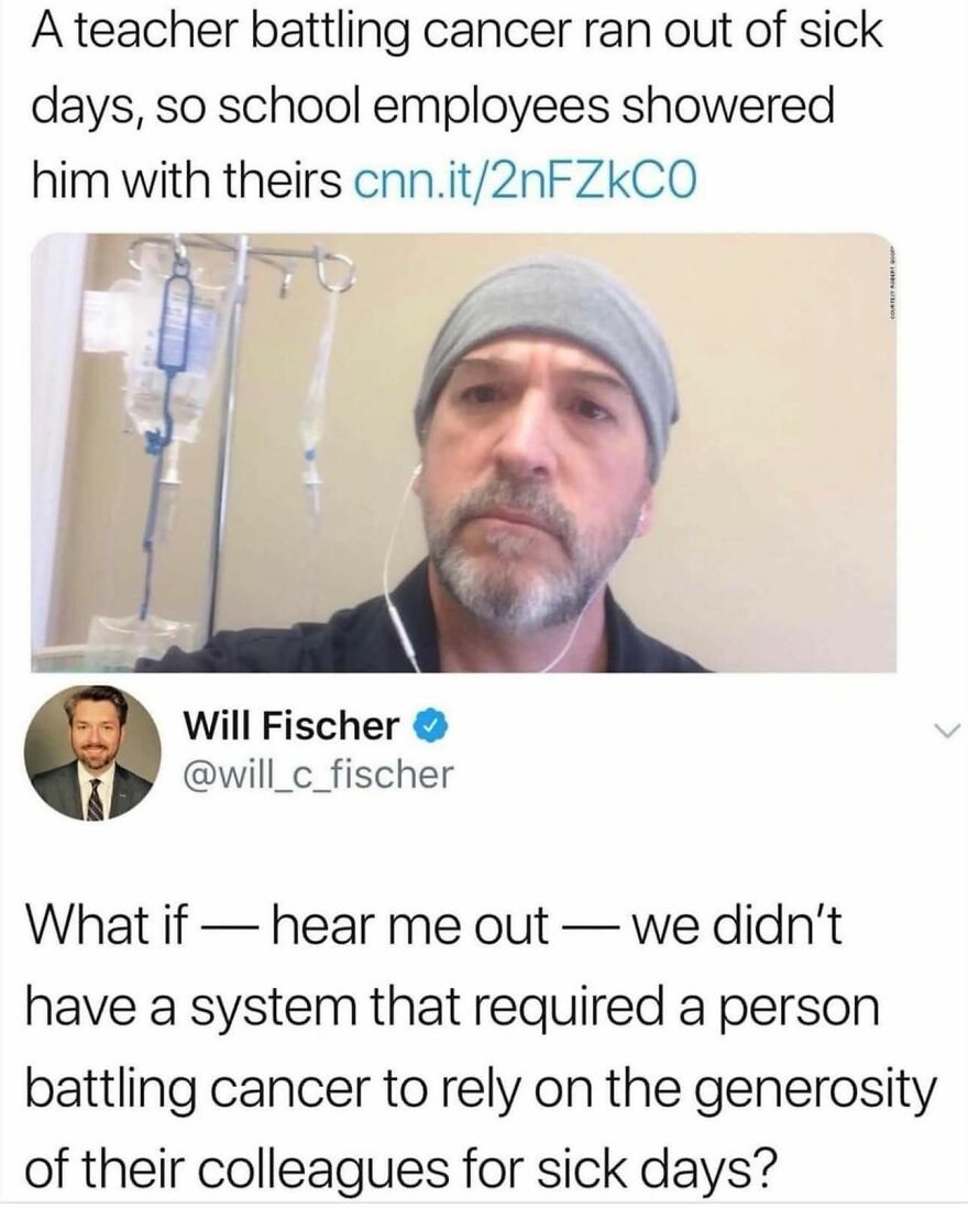 Man wearing a gray beanie receives IV treatment while discussing cancer and workplace sick day policies in a viral post.