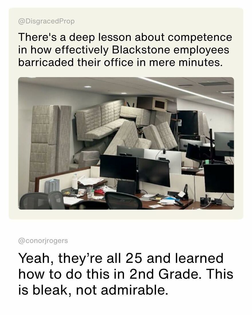 Office barricaded with couches and furniture, showing a seemingly wholesome post that reveals a deeper truth.