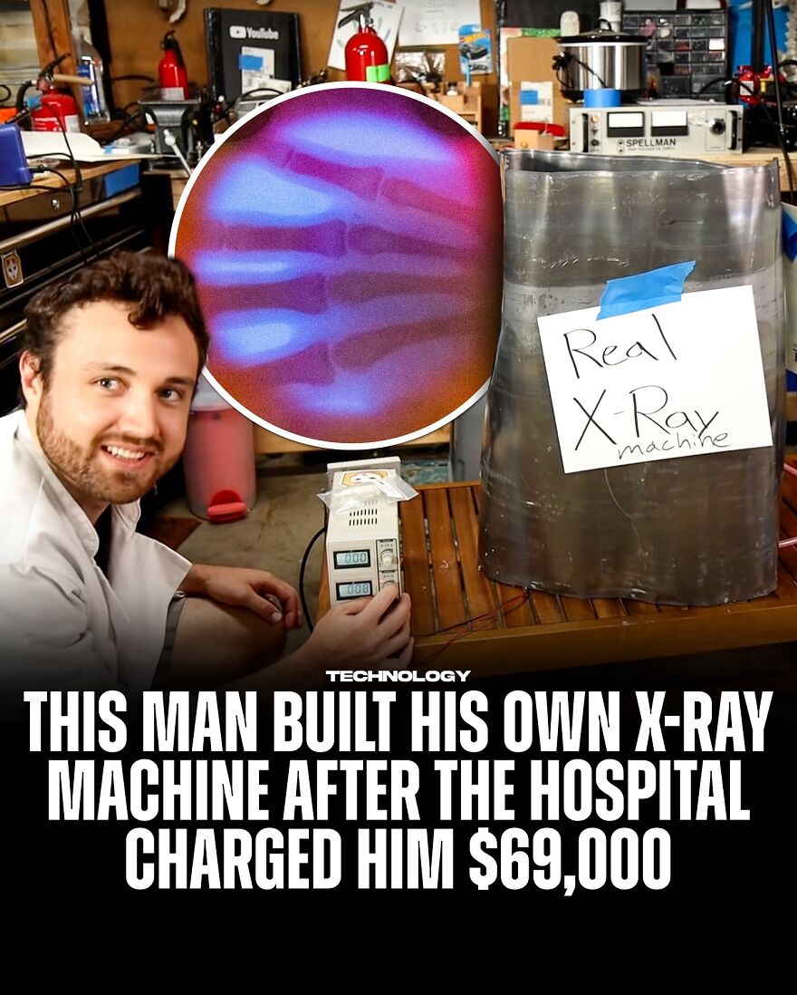 Man in a lab coat with a homemade X-ray machine showing an X-ray image of a hand in a workshop setting.