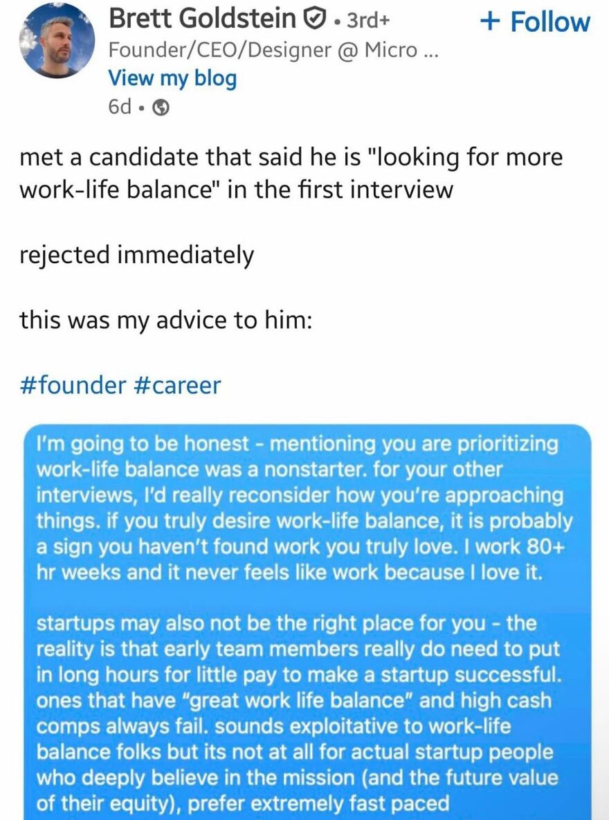 LinkedIn post about work-life balance advice from a founder rejecting a candidate, highlighting startup career realities.