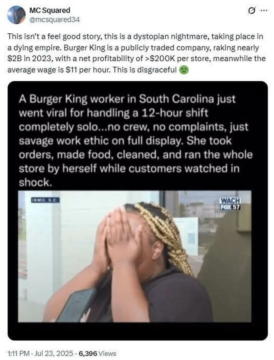 Burger King worker in South Carolina handles 12-hour solo shift, showing unexpected challenges behind wholesome appearances.