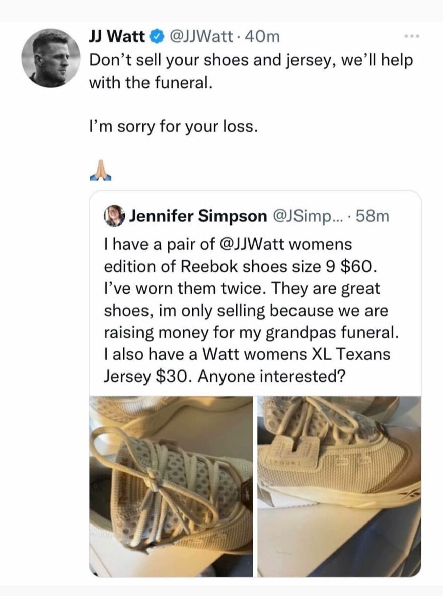 Tweet exchange revealing a wholesome post about selling shoes for a funeral fundraiser with unexpected genuine emotions.