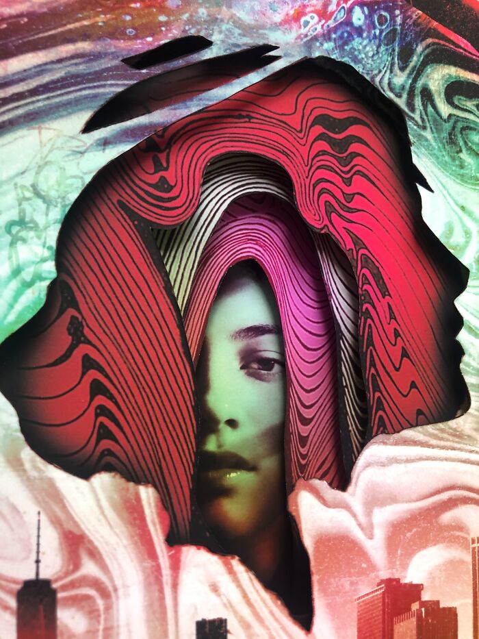 Surreal intricate collage of a man with vibrant colors and a woman's face inside, set against a cityscape and crescent moon backdrop.