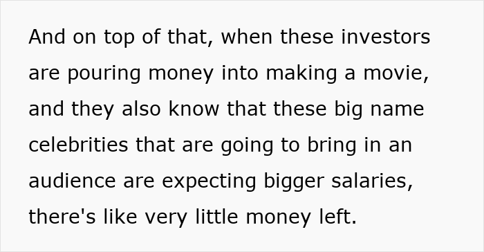 Text excerpt explaining how investors' focus on big-name celebrities affects movie budgets, illustrating why modern movies look ugly.