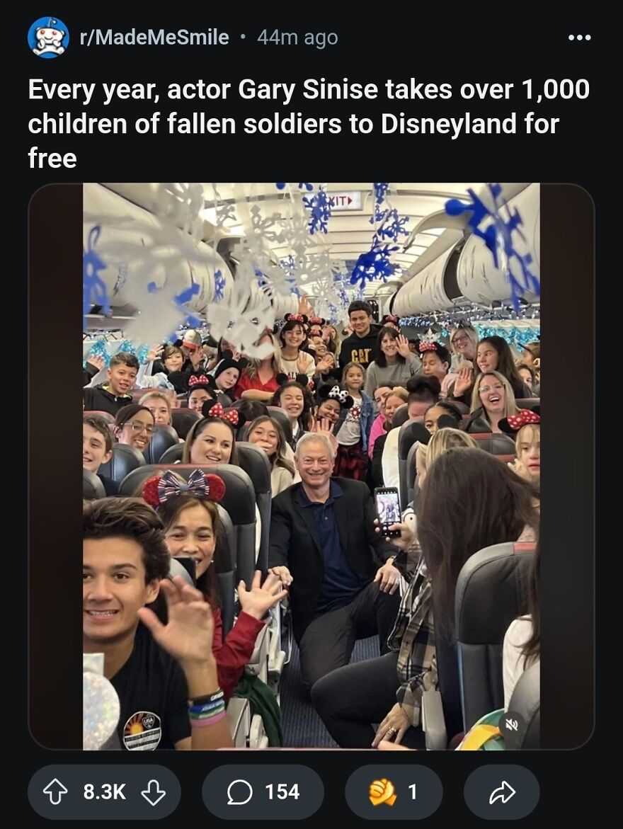 Actor Gary Sinise with children on a plane decorated for a Disneyland trip, showcasing wholesome posts revealing true stories.