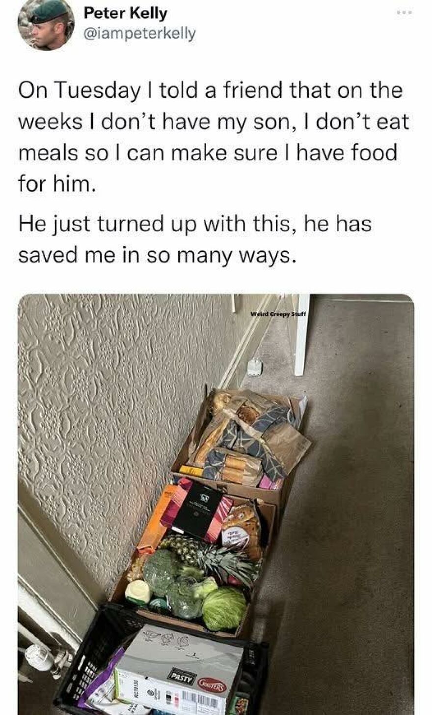 Twitter post about wholesome moments showing groceries left by a son, highlighting posts that appeared wholesome.