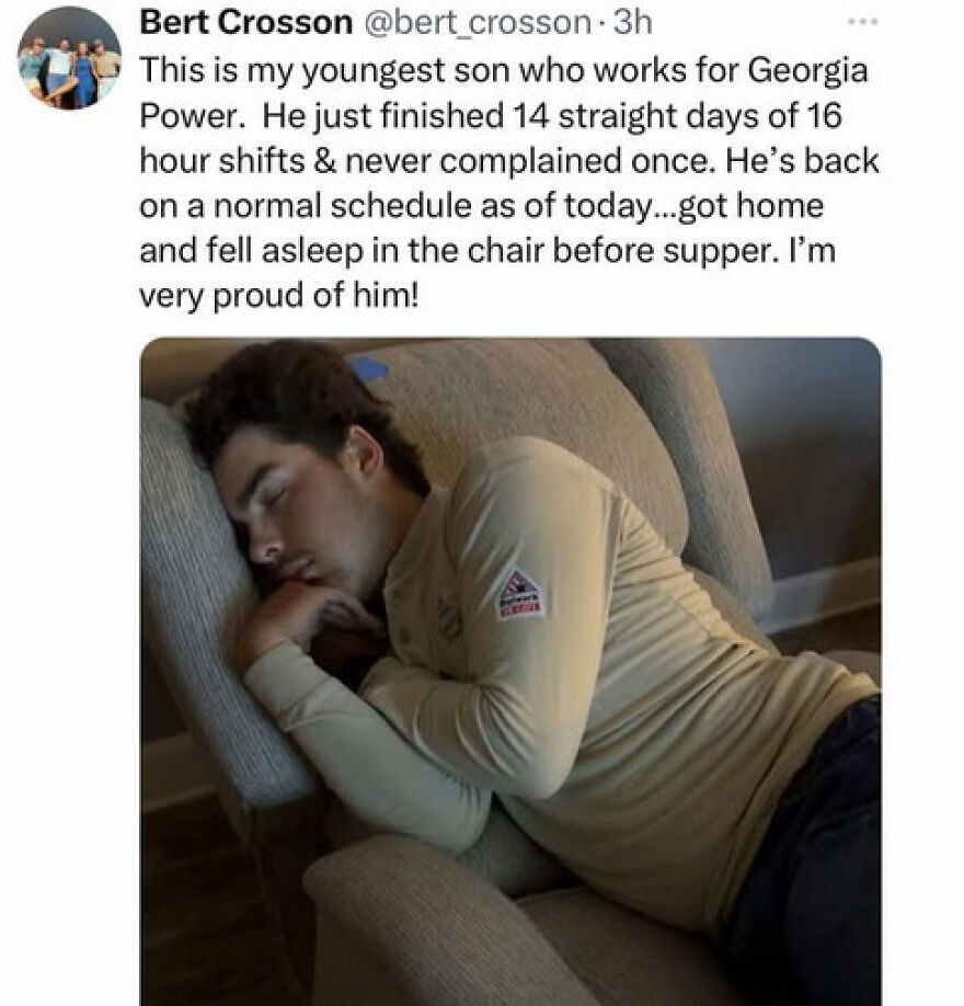 Young man asleep in a chair after long work shifts, showing a wholesome moment with hidden true context from posts.