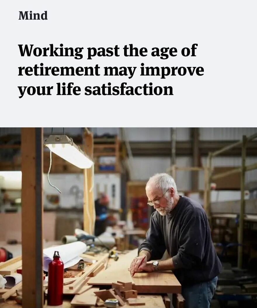 Elderly man woodworking in a workshop illustrating life satisfaction and the impact of working past retirement age.