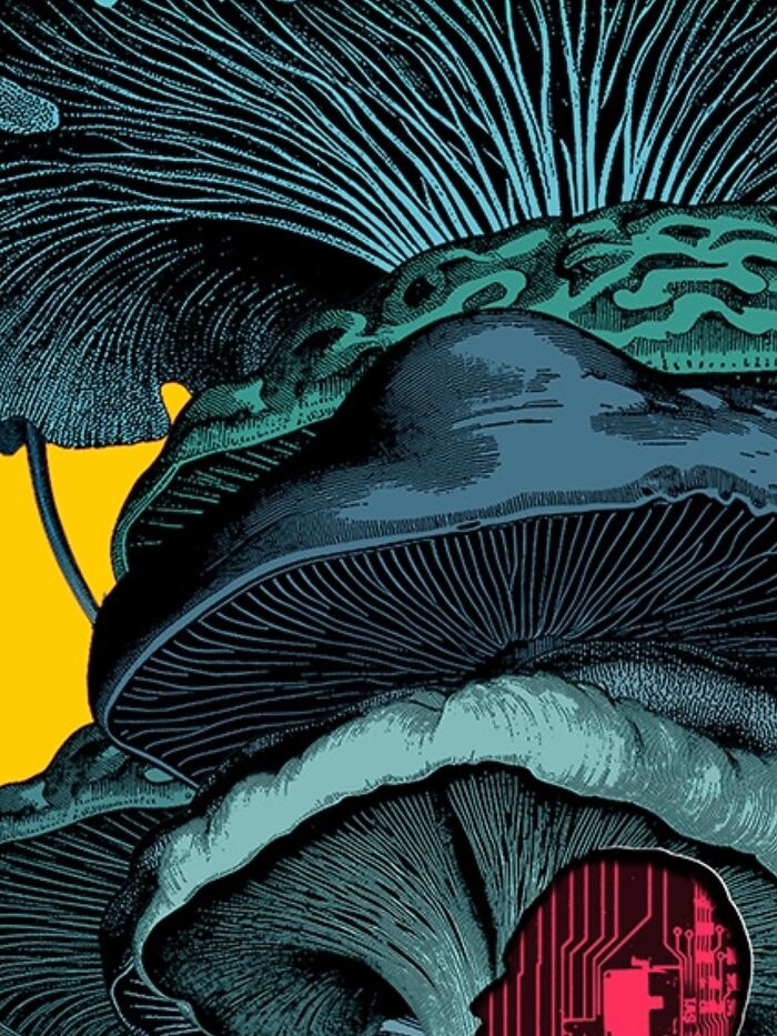 Intricate collage of layered mushrooms with a silhouette cutout revealing architectural and circuit details on a yellow background.