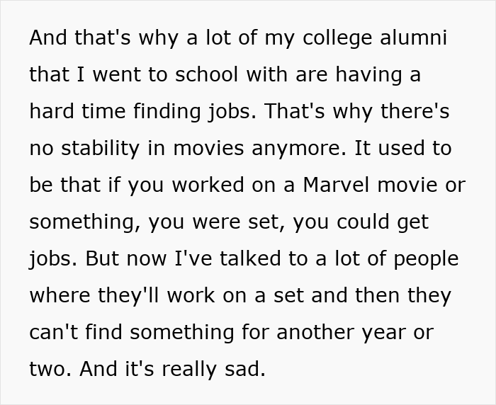 Text excerpt discussing job instability in movies and the decline of steady work in modern film productions.