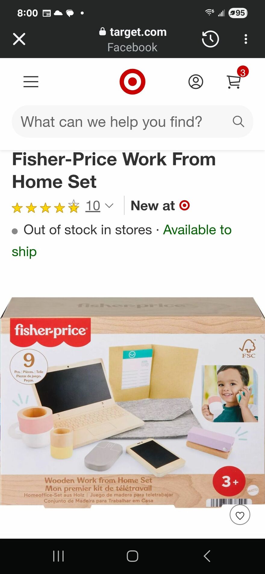 Fisher-Price wooden work from home set toy with mini laptop, phone, and office accessories for kids aged 3 and up.