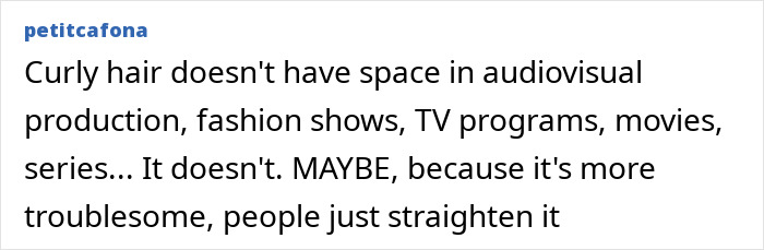 Text post discussing absence of curly hair in audiovisual production, linked to Disney live-action Moana star appearance changes controversy.