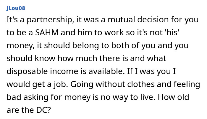 Comment about partnership and finances, advising on asking husband for money while feeling sick and struggling.