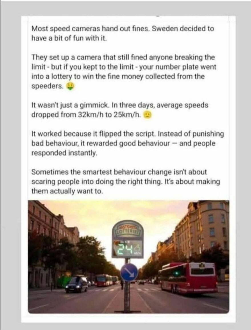 Speed camera lottery in Sweden rewarding good driving behavior with winnings, encouraging safer speeds and positive change.