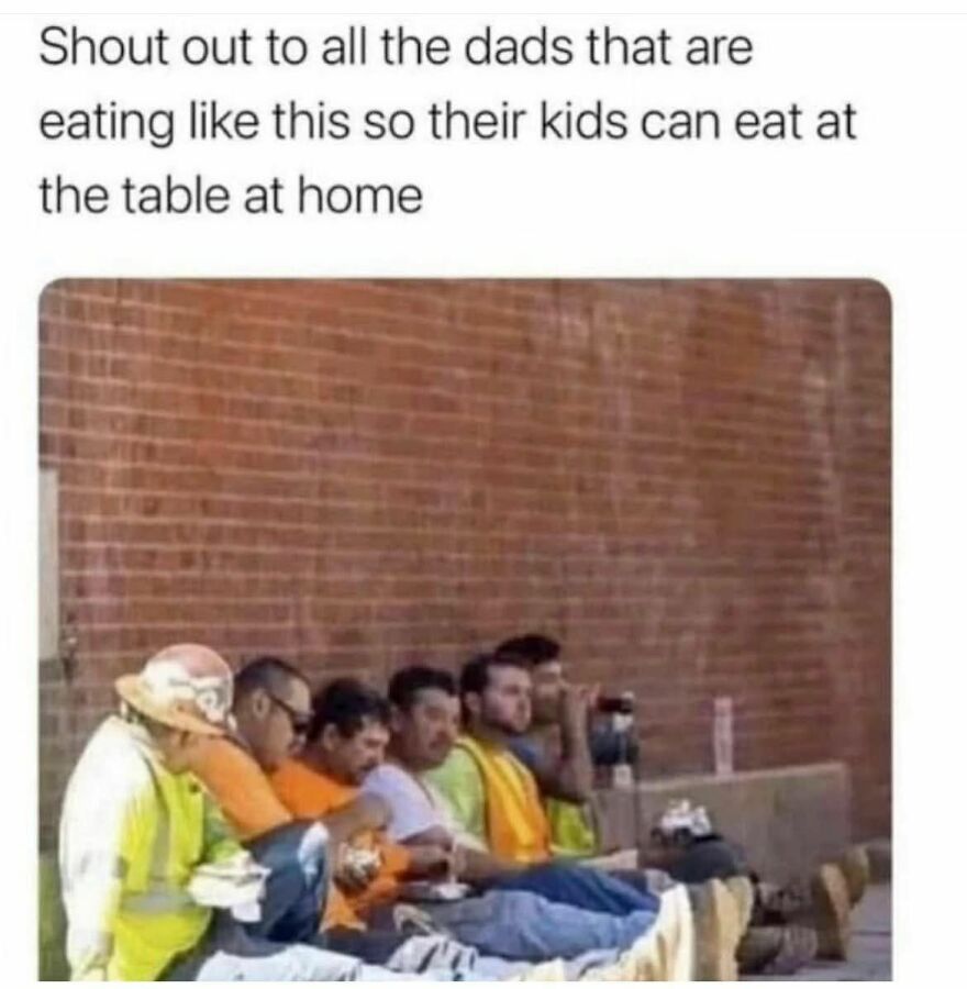 Group of dads eating outdoors in work attire, showing wholesome parenting and sacrifice for their kids at the table at home.