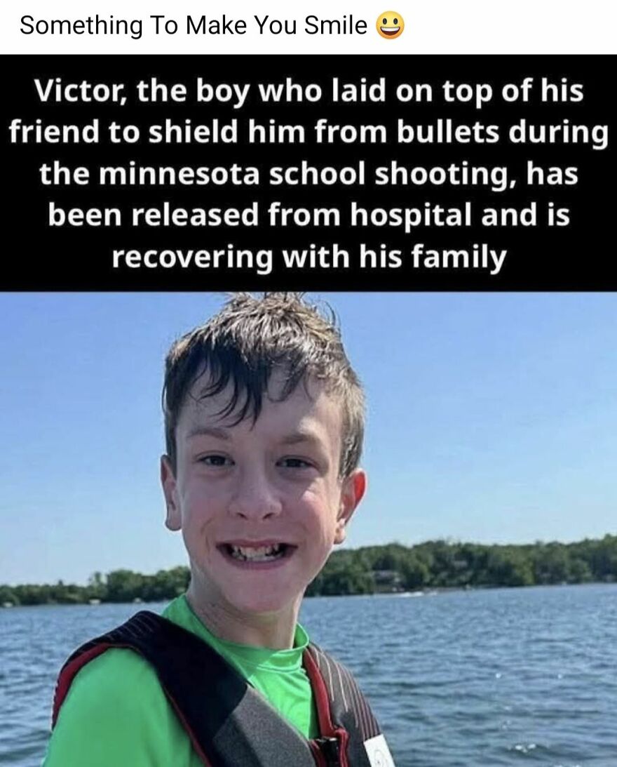 Boy recovering with family after shielding friend during Minnesota school shooting, featured in wholesome posts and pics.