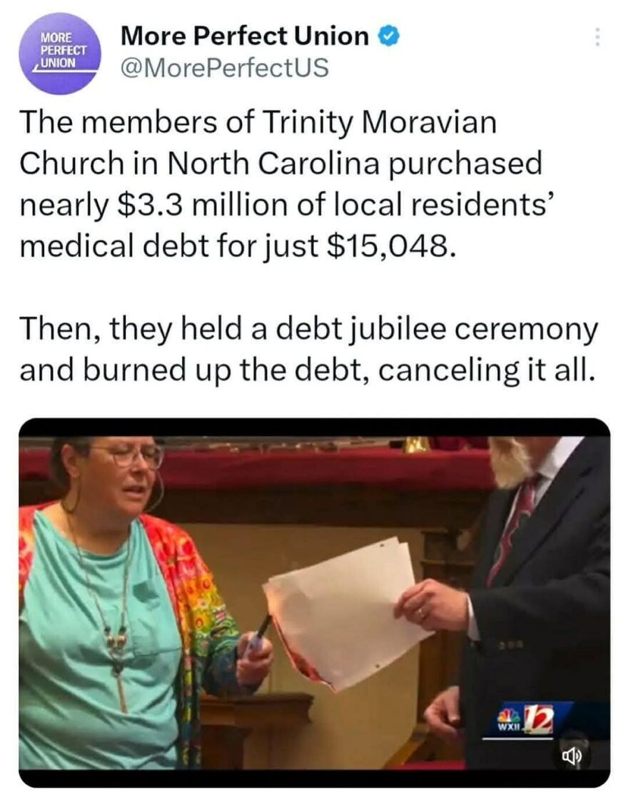 Church members in North Carolina cancel medical debt by burning papers in a debt jubilee ceremony, revealing the true story behind wholesomeness.