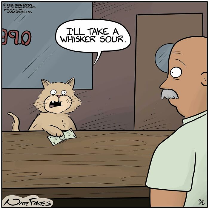Cat at bar counter holding money, humorously ordering a whisker sour, comic by Nate Fakes about life’s absurdities.