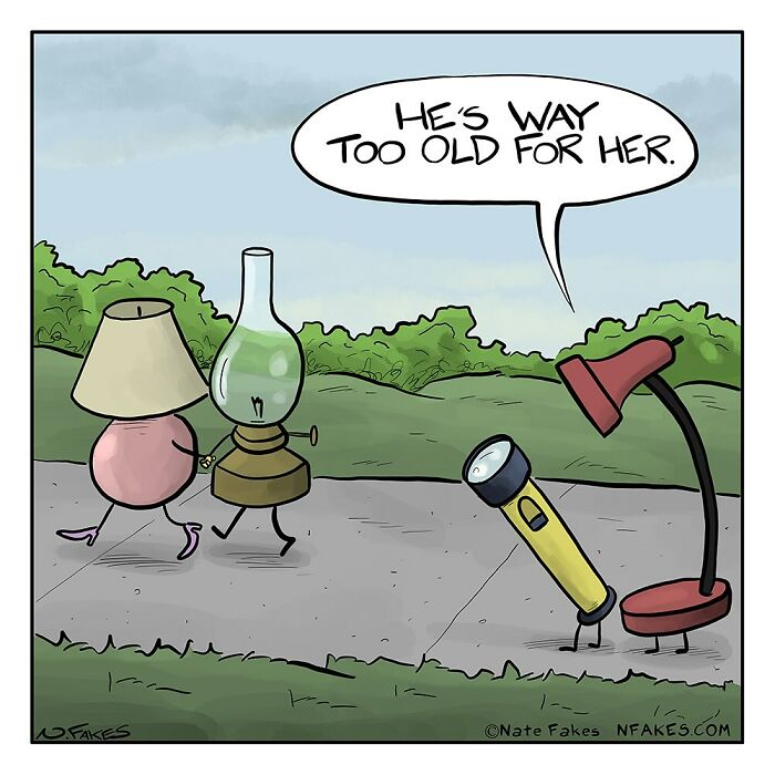Cartoon by Nate Fakes showing lamps and flashlight as characters with a witty comic about relationships and age difference.