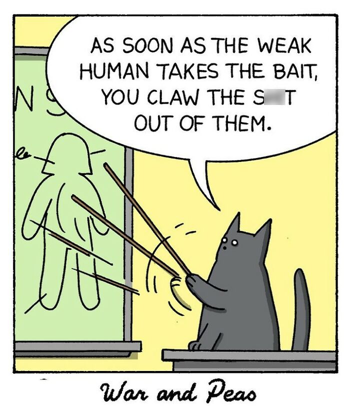 War and Peas comic strip showing cats in a classroom with a dark, absurd, and funny lesson on cuteness.