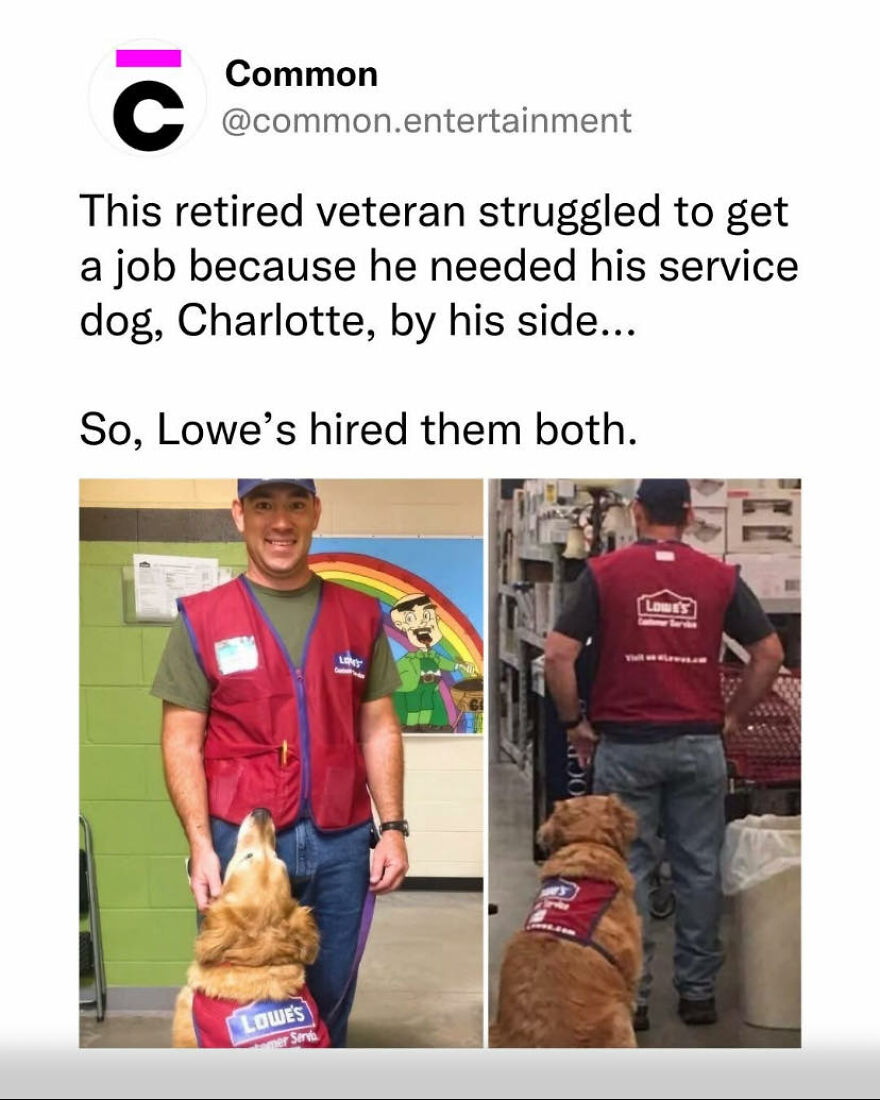 Retired veteran and his service dog hired together at Lowe’s, showing wholesome posts with surprising true meanings.