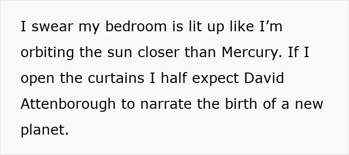 Bright bedroom illuminated by actual sun installed by neighbours, creating a warm and natural lighting effect indoors.