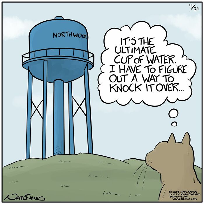Cat staring at a large water tower labeled Northwood, thinking about knocking over the ultimate cup of water comic.